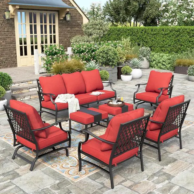 Alt view image 7 of 7 - HERA'S HOUSE 7-Piece Metal Patio Conversation Set, 7-Seat, Swivel Chairs | Red, 2 Swivel Chairs, 2 Chairs, 2 Ottomans, 1 3-Seat Sofa, Ottomans, For Garden, Backyard