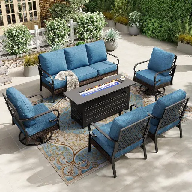 Main image of HERA'S HOUSE 6 PCS Metal Patio Furniture Set with 56" Fire Pit Table | 2 Swivel + 2 Fixed Size, Black-pacific Blue Color, Modern Style