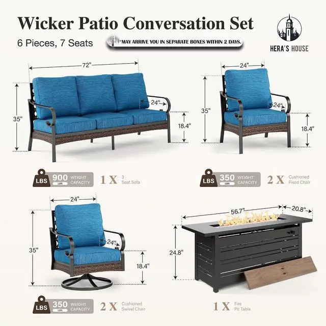 Alt view image 7 of 7 - HERA'S HOUSE 6 PCS Metal Patio Furniture Set with 56" Fire Pit Table | 2 Swivel + 2 Fixed Size, Black-pacific Blue Color, Modern Style