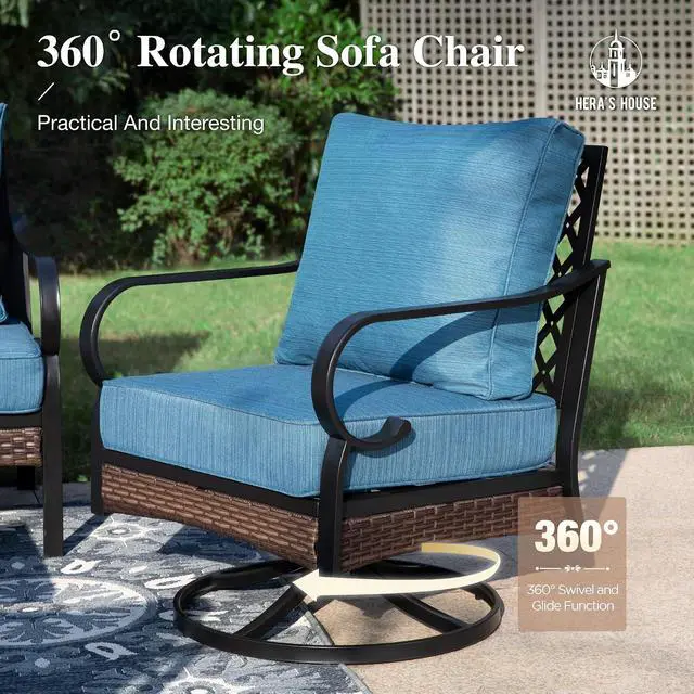 Alt view image 5 of 7 - HERA'S HOUSE 6 PCS Metal Patio Furniture Set with 56" Fire Pit Table | 2 Swivel + 2 Fixed Size, Black-pacific Blue Color, Modern Style