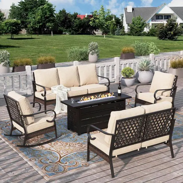 Main image of HERA'S HOUSE 5-Piece Metal Outdoor Conversation Set, 56 in Fire Pit Table | 7 Seats, Black/beige, Rocking Chair, Single chairs could support up to 350lbs