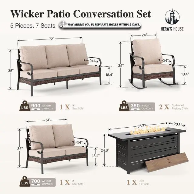 Alt view image 7 of 7 - HERA'S HOUSE 5-Piece Metal Outdoor Conversation Set, 56 in Fire Pit Table | 7 Seats, Black/beige, Rocking Chair, Single chairs could support up to 350lbs