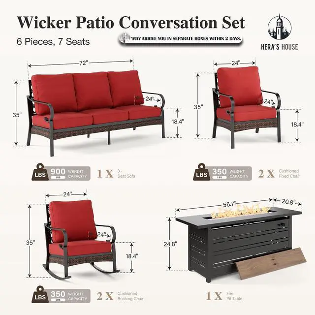 Alt view image 7 of 7 - HERA'S HOUSE 6-Piece Metal Outdoor Conversation Set, 56 in Fire Pit Table | 7 Seats, Black/red, Rocking Chair, Single chairs could support up to 350lbs