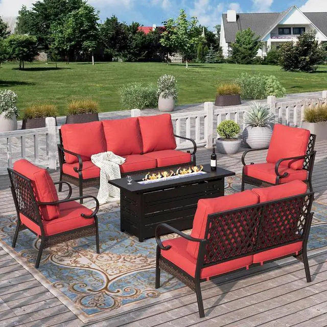 Main image of HERA'S HOUSE 5-Piece Metal Outdoor Conversation Set, 56 in Fire Pit Table | 7 Seats, Black/red, Single chairs could support up to 350lbs