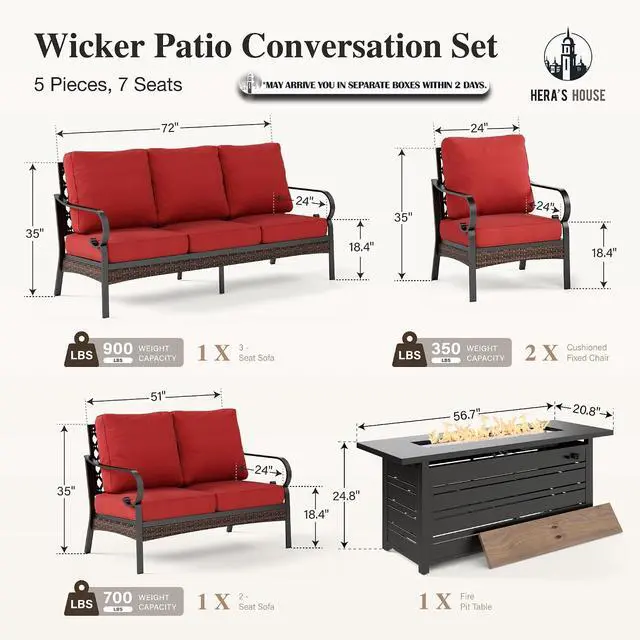 Alt view image 7 of 7 - HERA'S HOUSE 5-Piece Metal Outdoor Conversation Set, 56 in Fire Pit Table | 7 Seats, Black/red, Single chairs could support up to 350lbs