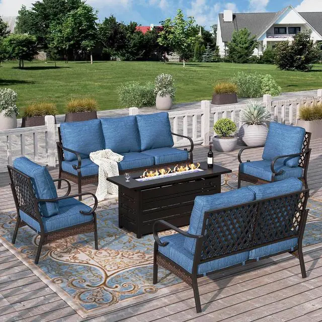 Main image of HERA'S HOUSE 5-Piece Metal Outdoor Conversation Set, 56 in Fire Pit Table | 7 Seats, Black/Pacific Blue, Single chairs could support up to 350lbs