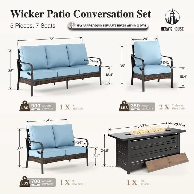 Alt view image 7 of 7 - HERA'S HOUSE 5-Piece Metal Outdoor Conversation Set, 56 in Fire Pit Table | 7 Seats, Black/blue, Single chairs could support up to 350lbs
