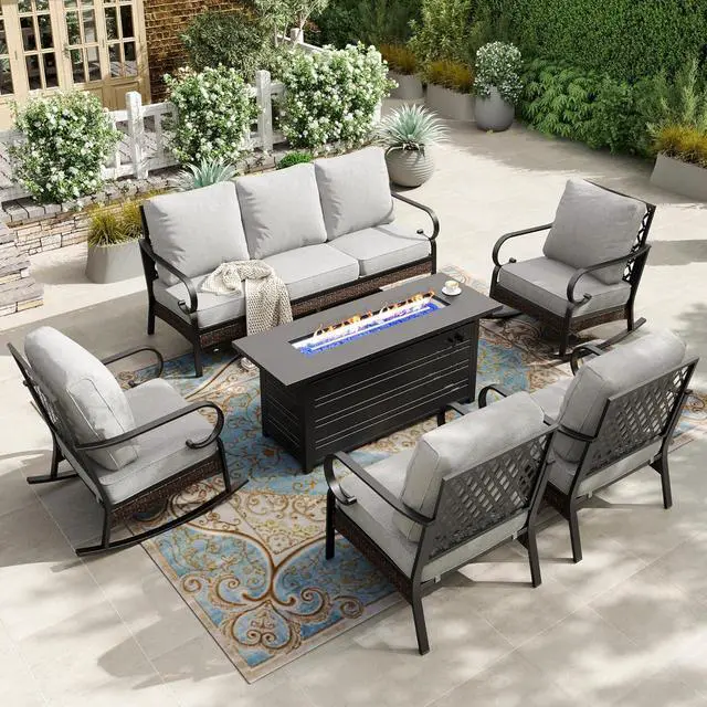 Main image of HERA'S HOUSE 6-Piece Metal Outdoor Conversation Set, 56 in Fire Pit Table | 7 Seats, Black/Light Gray, Rocking Chair, Single chairs could support up to 350lbs