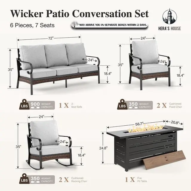 Alt view image 7 of 7 - HERA'S HOUSE 6-Piece Metal Outdoor Conversation Set, 56 in Fire Pit Table | 7 Seats, Black/Light Gray, Rocking Chair, Single chairs could support up to 350lbs