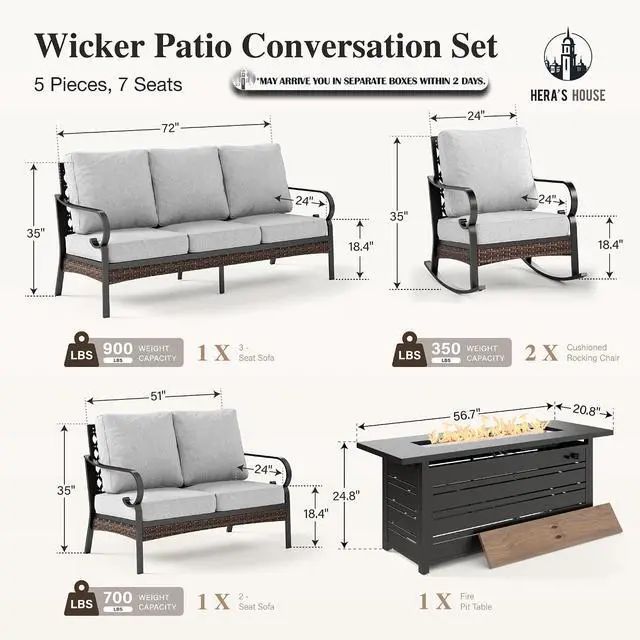 Alt view image 7 of 7 - HERA'S HOUSE 5-Piece Metal Outdoor Conversation Set, 56 in Fire Pit Table | 7 Seats, Black/Light Gray, Rocking Chair, Single chairs could support up to 350lbs