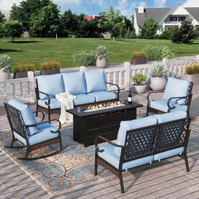 Main image of HERA'S HOUSE 5-Piece Metal Outdoor Conversation Set, 56 in Fire Pit Table | 7 Seats, Black/blue, Rocking Chair, Single chairs could support up to 350lbs