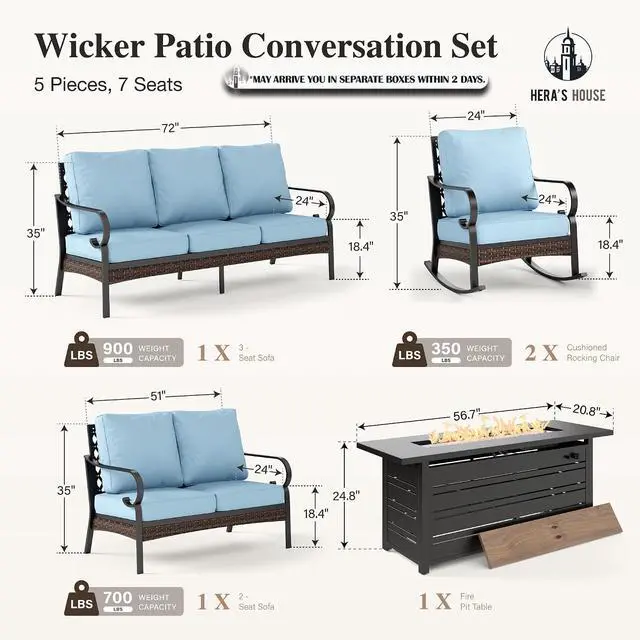 Alt view image 7 of 7 - HERA'S HOUSE 5-Piece Metal Outdoor Conversation Set, 56 in Fire Pit Table | 7 Seats, Black/blue, Rocking Chair, Single chairs could support up to 350lbs