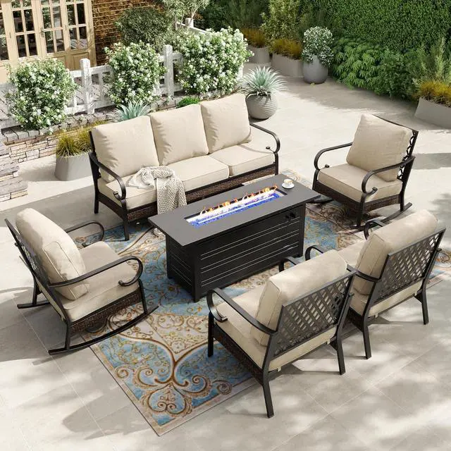 Main image of HERA'S HOUSE 6-Piece Metal Outdoor Conversation Set, 56 in Fire Pit Table | 7 Seats, Black/beige, Rocking Chair, Single chairs could support up to 350lbs