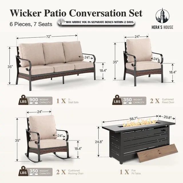 Alt view image 7 of 7 - HERA'S HOUSE 6-Piece Metal Outdoor Conversation Set, 56 in Fire Pit Table | 7 Seats, Black/beige, Rocking Chair, Single chairs could support up to 350lbs