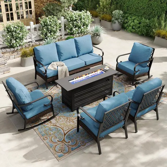 Main image of HERA'S HOUSE 6-Piece Metal Outdoor Conversation Set, 56 in Fire Pit Table | 7 Seats, Black/Navy Blue, Rocking Chair, Single chairs could support up to 350lbs