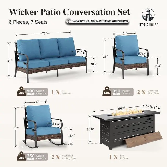 Alt view image 7 of 7 - HERA'S HOUSE 6-Piece Metal Outdoor Conversation Set, 56 in Fire Pit Table | 7 Seats, Black/Navy Blue, Rocking Chair, Single chairs could support up to 350lbs