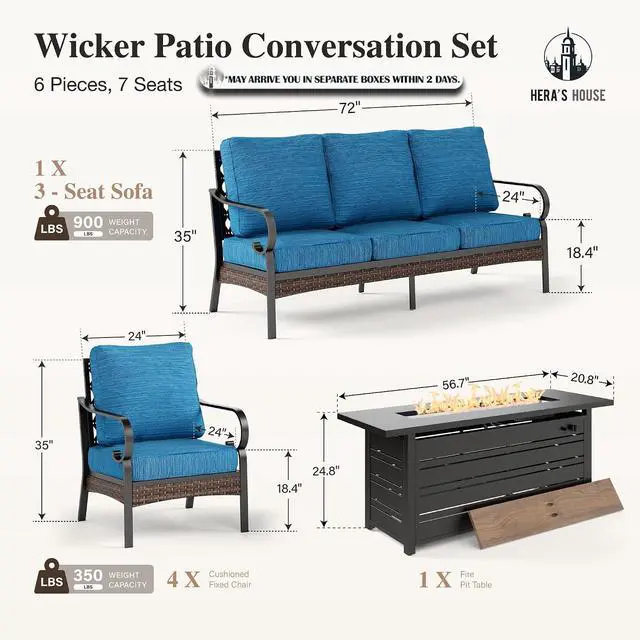 Alt view image 7 of 7 - HERA'S HOUSE 6-Piece Metal Outdoor Conversation Set, 56 in Fire Pit Table | 7 Seats, Black/Pacific Blue, Single chairs could support up to 350lbs