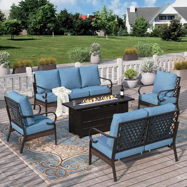 Main image of HERA'S HOUSE 5-Piece Metal Outdoor Conversation Set, 56 in Fire Pit Table | 7 Seats, Black/Navy Blue, Single chairs could support up to 350lbs