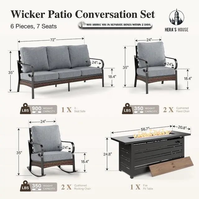Alt view image 7 of 7 - HERA'S HOUSE 6-Piece Metal Outdoor Conversation Set, 56 in Fire Pit Table | 7 Seats, Black/Gray, Rocking Chair, Single chairs could support up to 350lbs