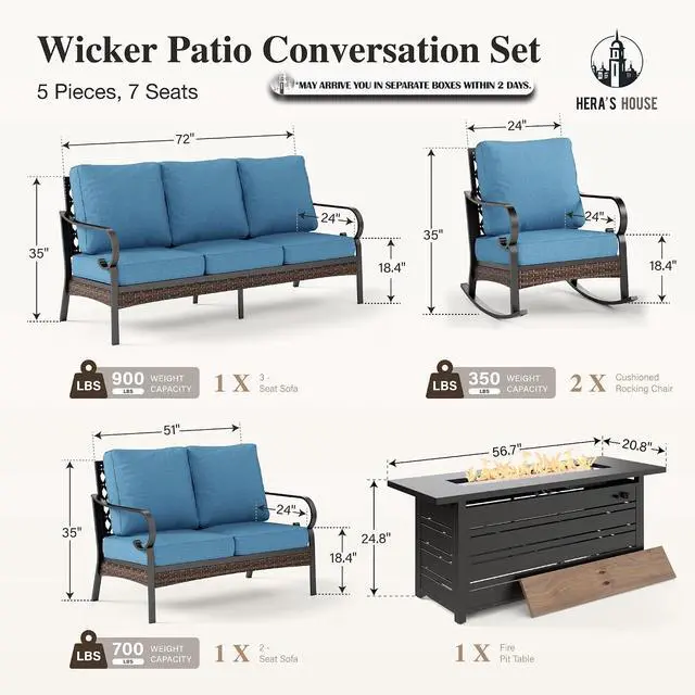 Alt view image 7 of 7 - HERA'S HOUSE 5-Piece Metal Outdoor Conversation Set, 56 in Fire Pit Table | 7 Seats, Black/Navy Blue, Rocking Chair, Single chairs could support up to 350lbs