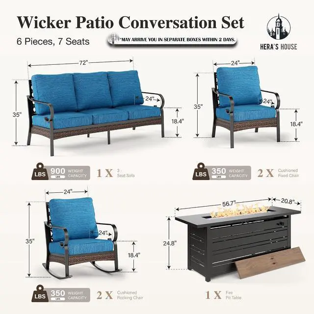 Alt view image 7 of 7 - HERA'S HOUSE 6-Piece Metal Outdoor Conversation Set, 56 in Fire Pit Table | 7 Seats, Black/Pacific Blue, Rocking Chair, Single chairs could support up to 350lbs