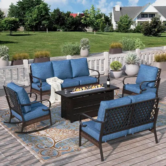 Main image of HERA'S HOUSE 5-Piece Metal Outdoor Conversation Set, 56 in Fire Pit Table | 7 Seats, Black/Pacific Blue, Rocking Chair, Single chairs could support up to 350lbs