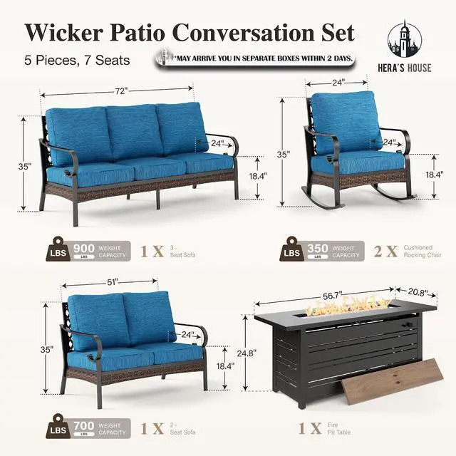 Alt view image 7 of 7 - HERA'S HOUSE 5-Piece Metal Outdoor Conversation Set, 56 in Fire Pit Table | 7 Seats, Black/Pacific Blue, Rocking Chair, Single chairs could support up to 350lbs