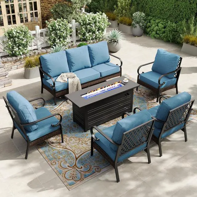 Main image of HERA'S HOUSE 6-Piece Metal Outdoor Conversation Set, 56 in Fire Pit Table | 7 Seats, Black/Navy Blue, Single chairs could support up to 350lbs