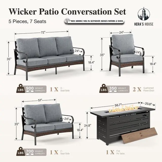 Alt view image 7 of 7 - HERA'S HOUSE 5-Piece Metal Outdoor Conversation Set, 56 in Fire Pit Table | 7 Seats, Black/Gray, Single chairs could support up to 350lbs