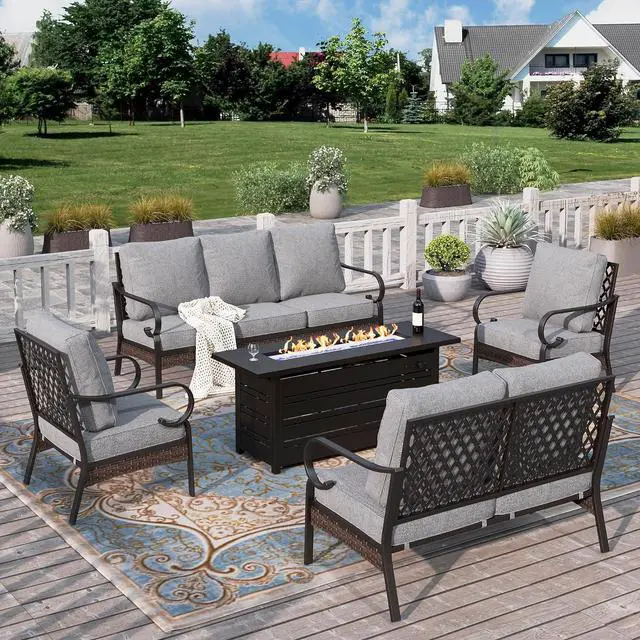 Main image of HERA'S HOUSE 5-Piece Metal Outdoor Conversation Set, 56 in Fire Pit Table | 7 Seats, Black/Gray, Single chairs could support up to 350lbs