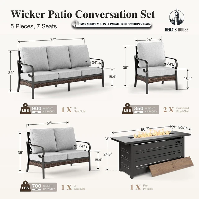 Alt view image 7 of 7 - HERA'S HOUSE 5-Piece Metal Outdoor Conversation Set, 56 in Fire Pit Table | 7 Seats, Black/Light Gray, Single chairs could support up to 350lbs
