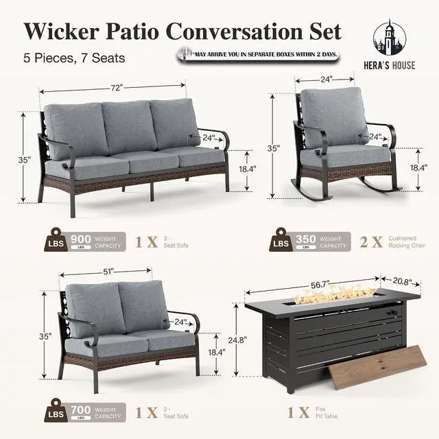 Alt view image 7 of 7 - HERA'S HOUSE 5-Piece Metal Outdoor Conversation Set, 56 in Fire Pit Table | 7 Seats, Black/Gray, Rocking Chair, Single chairs could support up to 350lbs