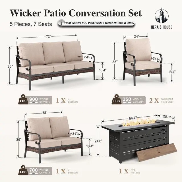 Alt view image 7 of 7 - HERA'S HOUSE 5-Piece Metal Outdoor Conversation Set, 56 in Fire Pit Table | 7 Seats, Black/beige, Single chairs could support up to 350lbs