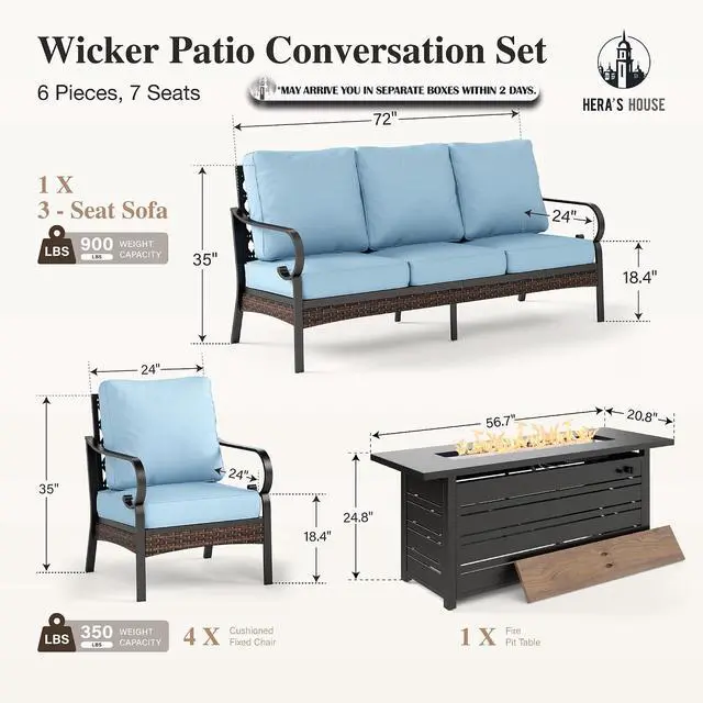 Alt view image 6 of 7 - HERA'S HOUSE 6-Piece Metal Outdoor Conversation Set, 56 in Fire Pit Table | 7 Seats, Black/blue, Single chairs could support up to 350lbs