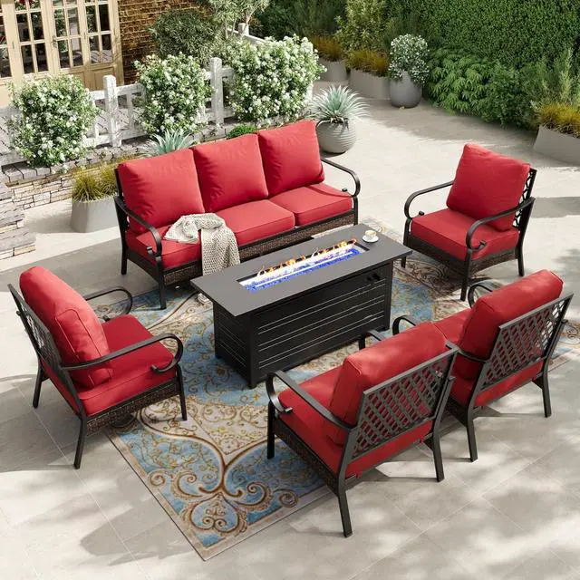 Main image of HERA'S HOUSE 6-Piece Metal Outdoor Conversation Set, 56 in Fire Pit Table | 7 Seats, Black/red, Single chairs could support up to 350lbs