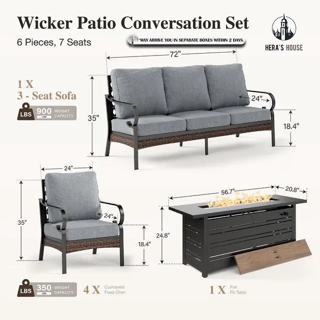 Alt view image 7 of 7 - HERA'S HOUSE 6-Piece Metal Outdoor Conversation Set, 56 in Fire Pit Table | 7 Seats, Black/Gray, Single chairs could support up to 350lbs