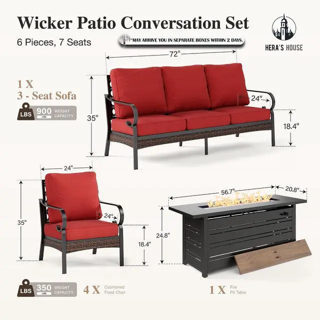 Alt view image 7 of 7 - HERA'S HOUSE 6-Piece Metal Outdoor Conversation Set, 56 in Fire Pit Table | 7 Seats, Black/red, Single chairs could support up to 350lbs