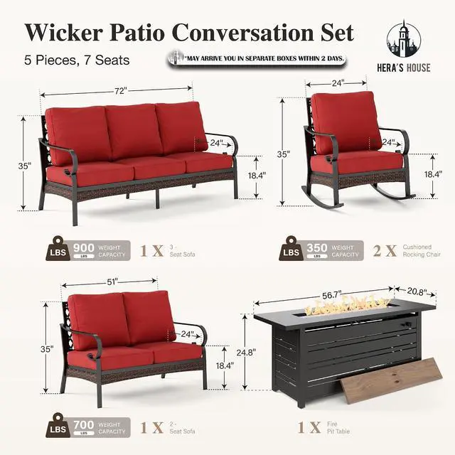 Alt view image 7 of 7 - HERA'S HOUSE 5-Piece Metal Outdoor Conversation Set, 56 in Fire Pit Table | 7 Seats, Black/red, Rocking Chair, Single chairs could support up to 350lbs