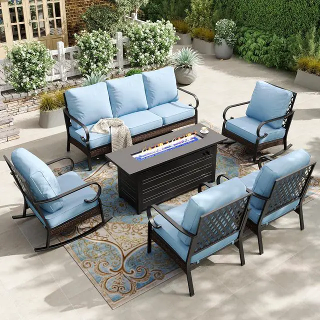 Main image of HERA'S HOUSE 6-Piece Metal Outdoor Conversation Set, 56 in Fire Pit Table | 7 Seats, Black/blue, Rocking Chair, Single chairs could support up to 350lbs
