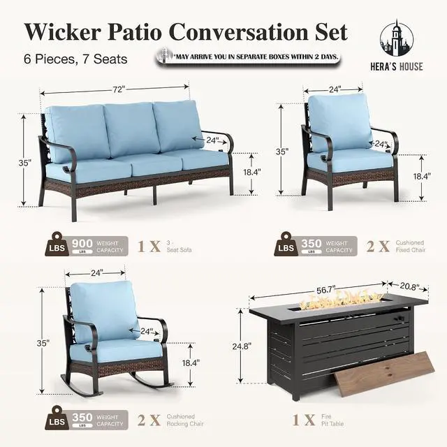 Alt view image 7 of 7 - HERA'S HOUSE 6-Piece Metal Outdoor Conversation Set, 56 in Fire Pit Table | 7 Seats, Black/blue, Rocking Chair, Single chairs could support up to 350lbs