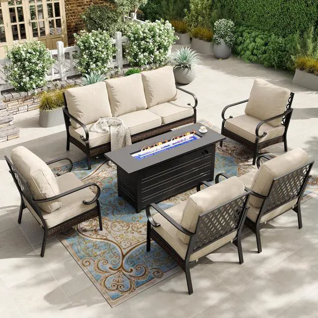 Main image of HERA'S HOUSE 6-Piece Metal Outdoor Conversation Set, 56 in Fire Pit Table | 7 Seats, Black/beige, Single chairs could support up to 350lbs