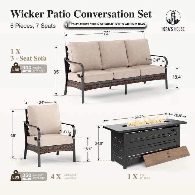 Alt view image 7 of 7 - HERA'S HOUSE 6-Piece Metal Outdoor Conversation Set, 56 in Fire Pit Table | 7 Seats, Black/beige, Single chairs could support up to 350lbs