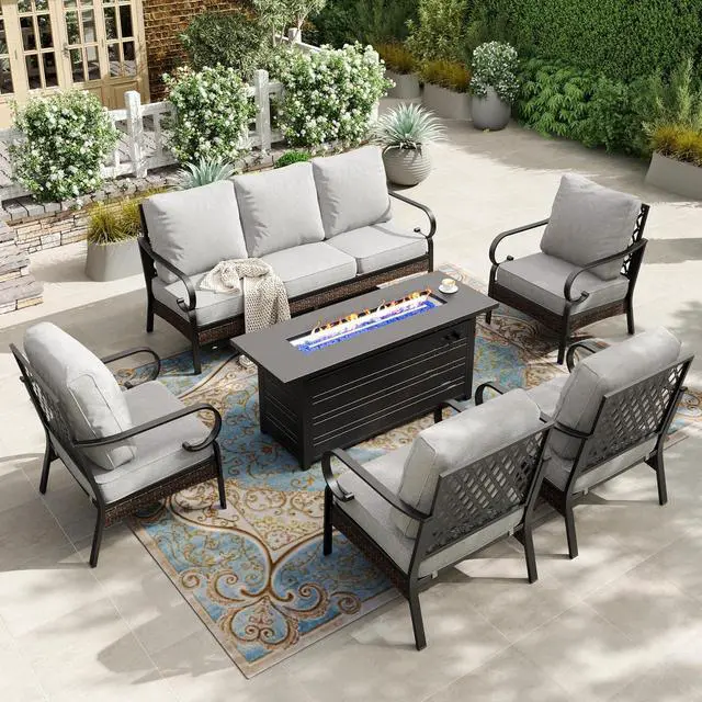 Main image of HERA'S HOUSE 6-Piece Metal Outdoor Conversation Set, 56 in Fire Pit Table | 7 Seats, Black/Light Gray, Single chairs could support up to 350lbs