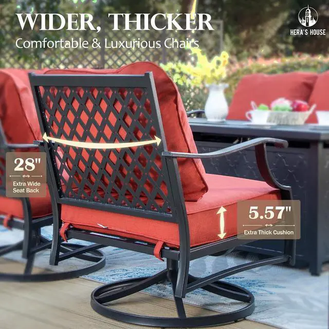 Alt view image 4 of 7 - HERA'S HOUSE 7-Piece Metal Patio Conversation Set, 7-Seat, Swivel Chairs | Red, 2 Swivel Chairs, 2 Chairs, 2 Ottomans, 1 3-Seat Sofa, Ottomans, For Garden, Backyard