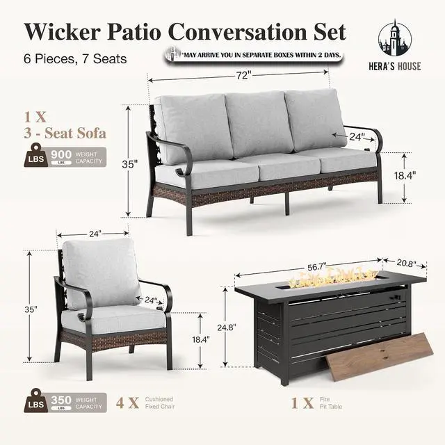 Alt view image 7 of 7 - HERA'S HOUSE 6-Piece Metal Outdoor Conversation Set, 56 in Fire Pit Table | 7 Seats, Black/Light Gray, Single chairs could support up to 350lbs