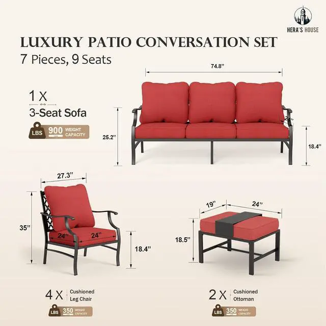 Alt view image 6 of 7 - HERA'S HOUSE 7-Piece Metal Patio Conversation Set, 9-Seat, Red | 4 Chairs, 2 Ottomans, 1 3-Seat Sofa, Ottomans, All-Weather, For Garden, Deck, Backyard