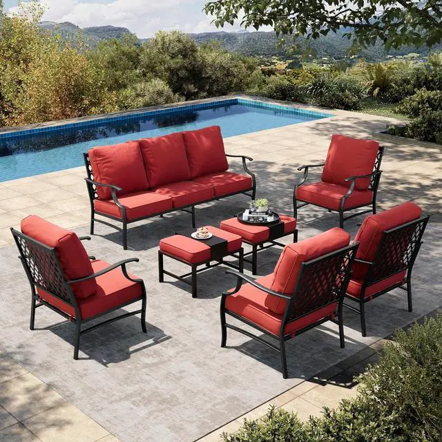 Main image of HERA'S HOUSE 7-Piece Metal Patio Conversation Set, 9-Seat, Red | 4 Chairs, 2 Ottomans, 1 3-Seat Sofa, Ottomans, All-Weather, For Garden, Deck, Backyard