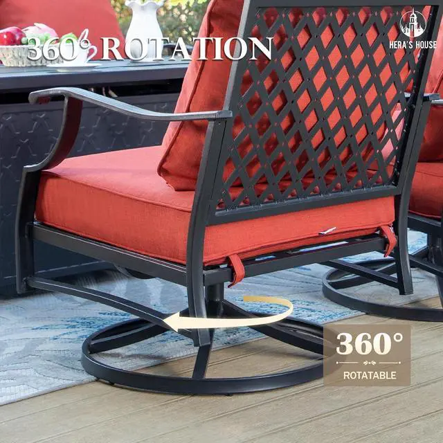 Alt view image 7 of 7 - HERA'S HOUSE 7-Piece Metal Patio Conversation Set, 9-Seat, Red | 4 Chairs, 2 Ottomans, 1 3-Seat Sofa, Ottomans, All-Weather, For Garden, Deck, Backyard