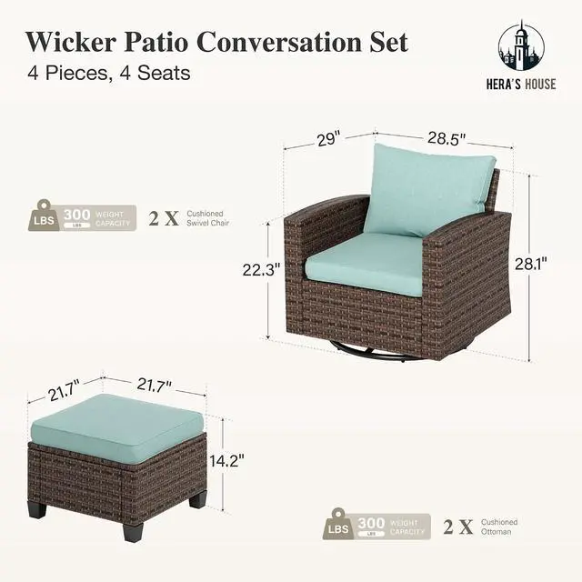 Alt view image 2 of 7 - HERA'S HOUSE 4 Pieces Patio Furniture Set, Swivel Rocking Chairs & Ottomans, Wicker Outdoor Conversation Set for Deck Garden Backyard Porch(Blue)