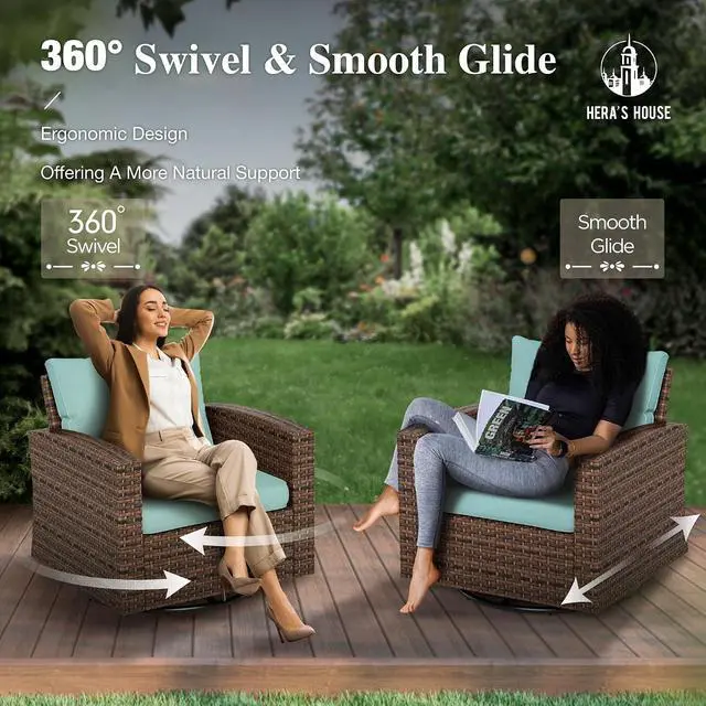 Alt view image 3 of 7 - HERA'S HOUSE 4 Pieces Patio Furniture Set, Swivel Rocking Chairs & Ottomans, Wicker Outdoor Conversation Set for Deck Garden Backyard Porch(Blue)